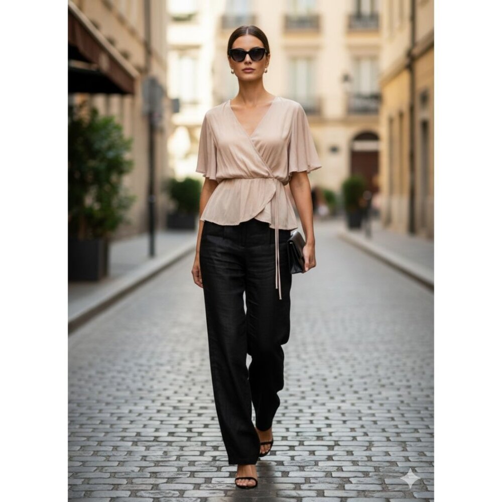 ASTR The Label Beige Wrap Peplum Blouse – Size S